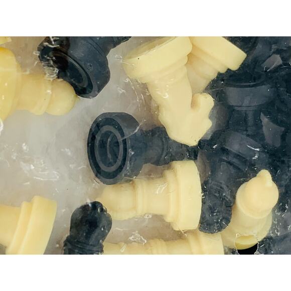 Chess Board Game Pieces Only Mini Small Beige Black Plasitc .75" x .5" D NIP - Picture 3 of 5